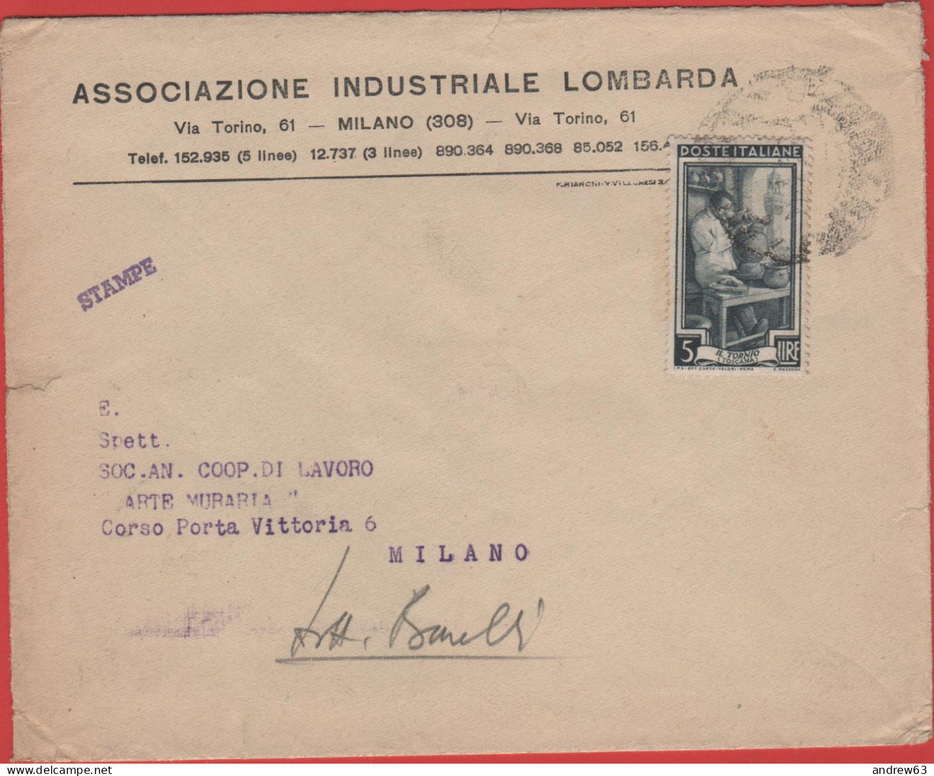 ITALIA - Storia Postale Repubblica - 1951 - 5 Italia Al Lavoro (Isolato) - Stampe - Associazione Industriale Lombarda - - 1946-60: Marcofilie