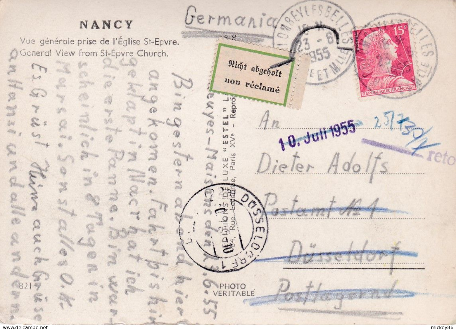 1955 -C.P Nancy De COLOMBEY LES BELLES-54 Pour DUSSELDORF (Allemagne) ,timbre ,vignette "NON RECLAME" , Cachet - 1921-1960: Periodo Moderno
