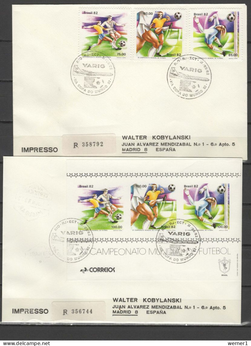 Brazil 1982 Football Soccer World Cup Set Of 3 + S/s On 2 Registered Flight Covers To Spain - 1982 – Spain