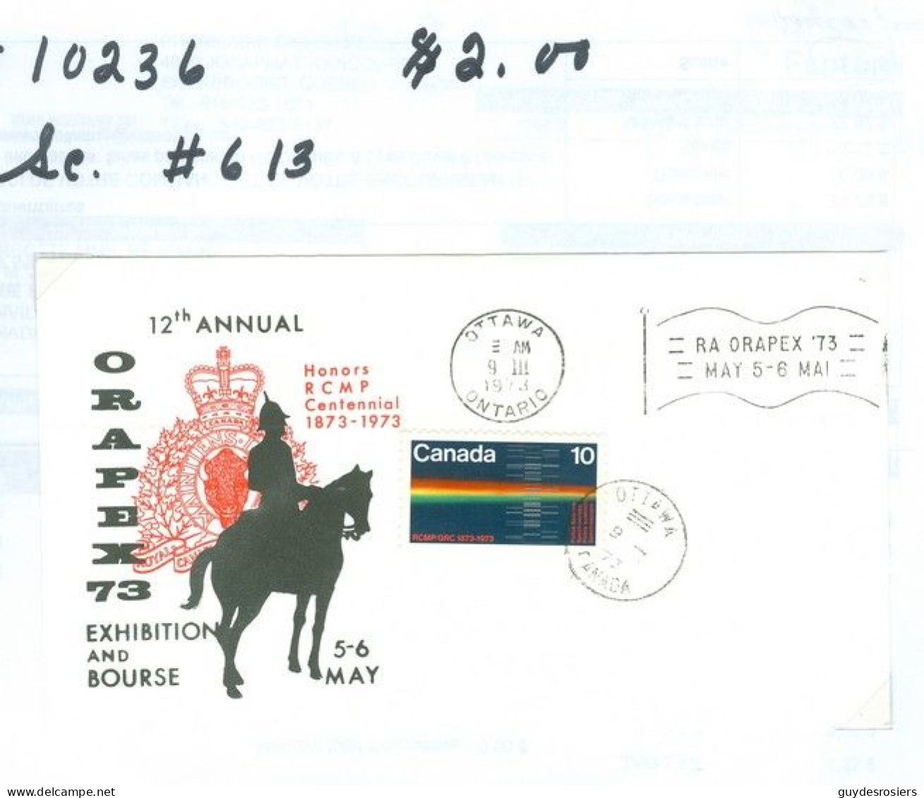 Mounted Police Montée; GRC / RCMP; Gendarmerie; Sc. # 613; Souvenir / Cover, ORAPEX 73 (10236) - Oblitérés