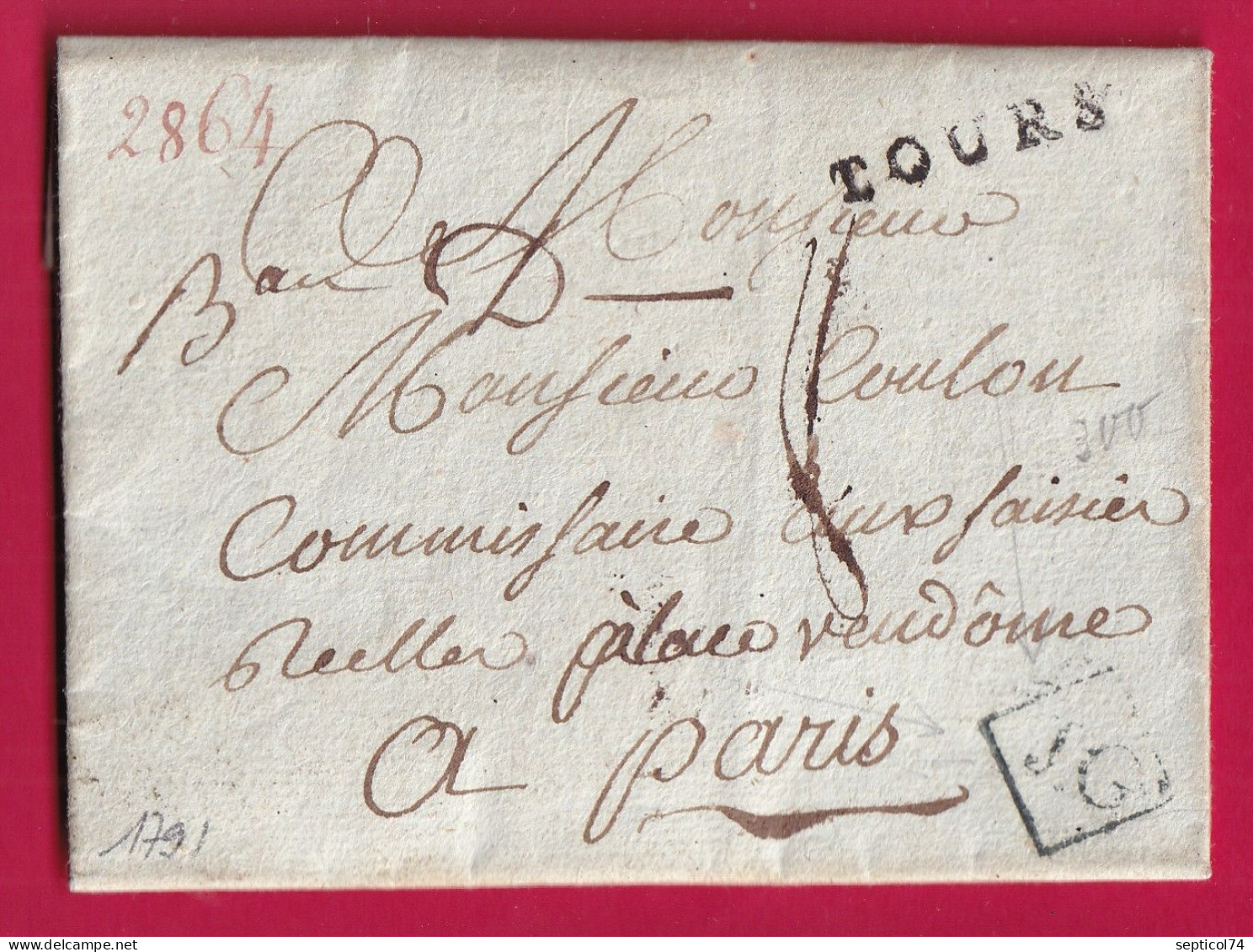 MARQUE TOURS INDRE ET LOIRE + LOSANGE JG 1791 POUR PARIS PLACE VENDOME LETTRE - 1701-1800: Précurseurs XVIII