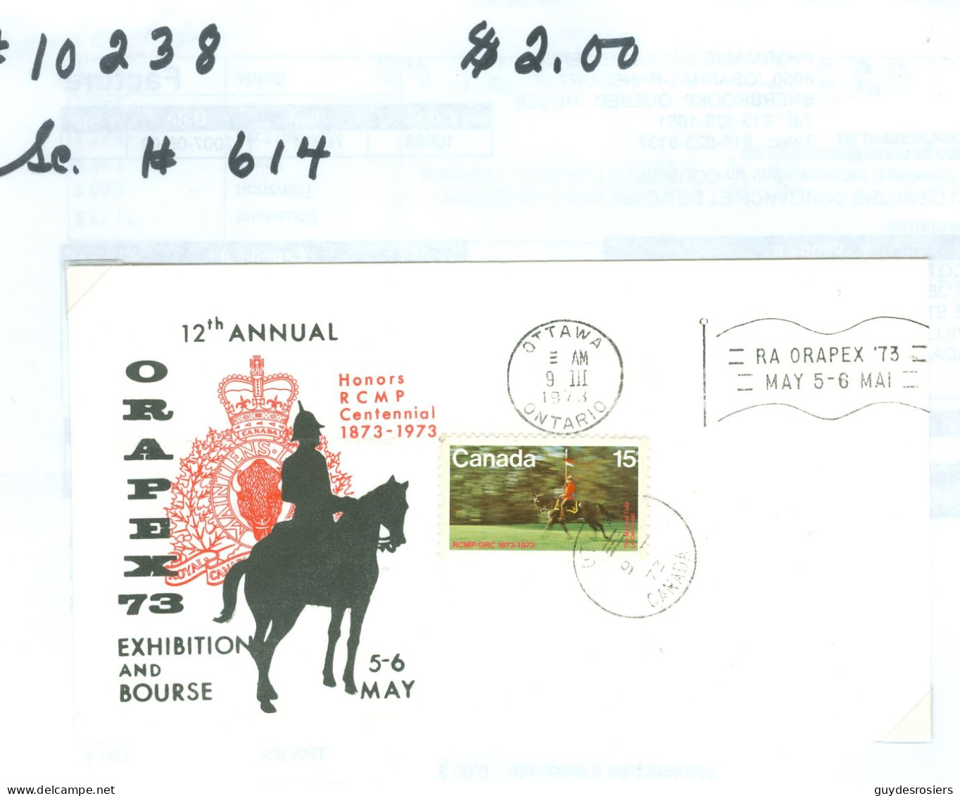 Mounted Police Montée; GRC / RCMP; Gendarmerie; Sc. # 614; Souvenir Cover, ORAPEX 73 (10238) - Used Stamps