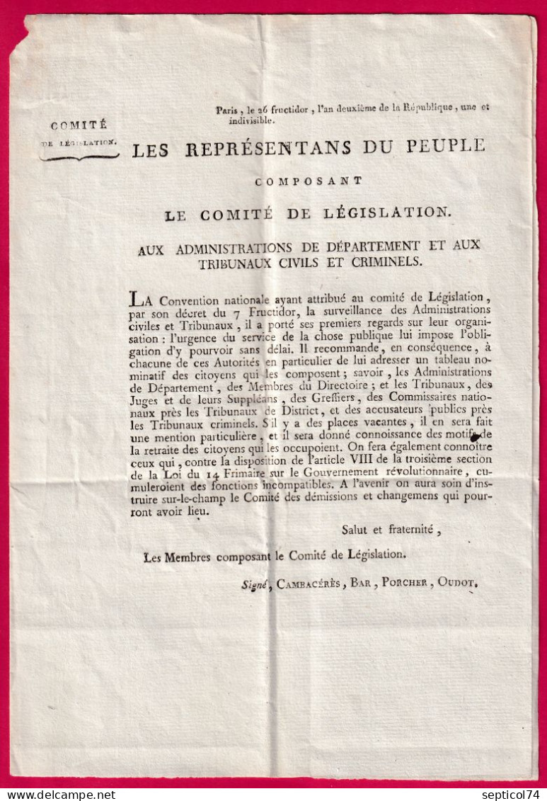 FRANCHISE CONVENTION NATIONALE  SUR IMPRIME COMITE DE LEGISLATION AN2 1794 POUR CHAMBERY SAVOIE DEPARTEMENT MONT BLANC - 1801-1848: Précurseurs XIX