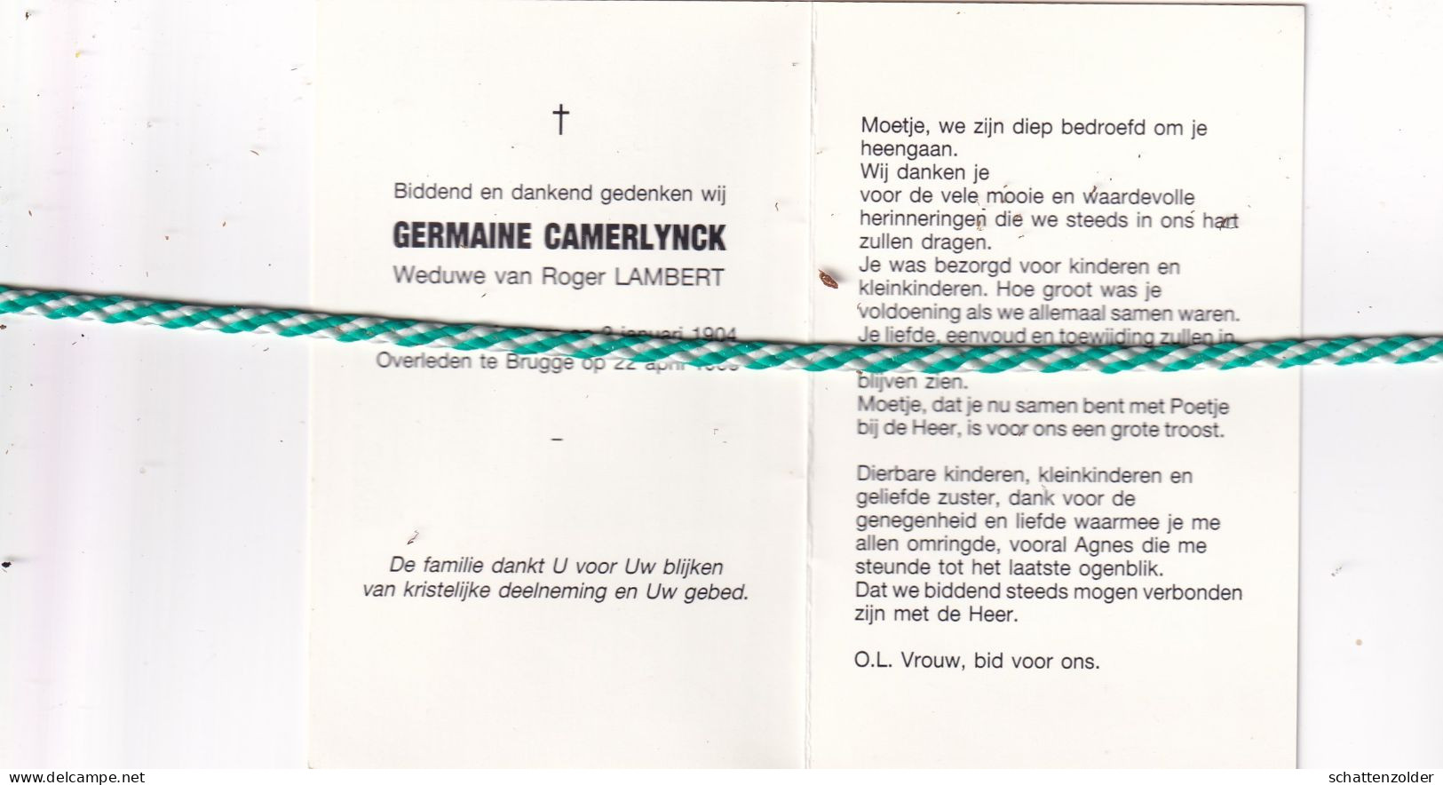 Germaine Camerlynck-Lambert, Izegem 1904, Brugge 1988. Foto - Todesanzeige
