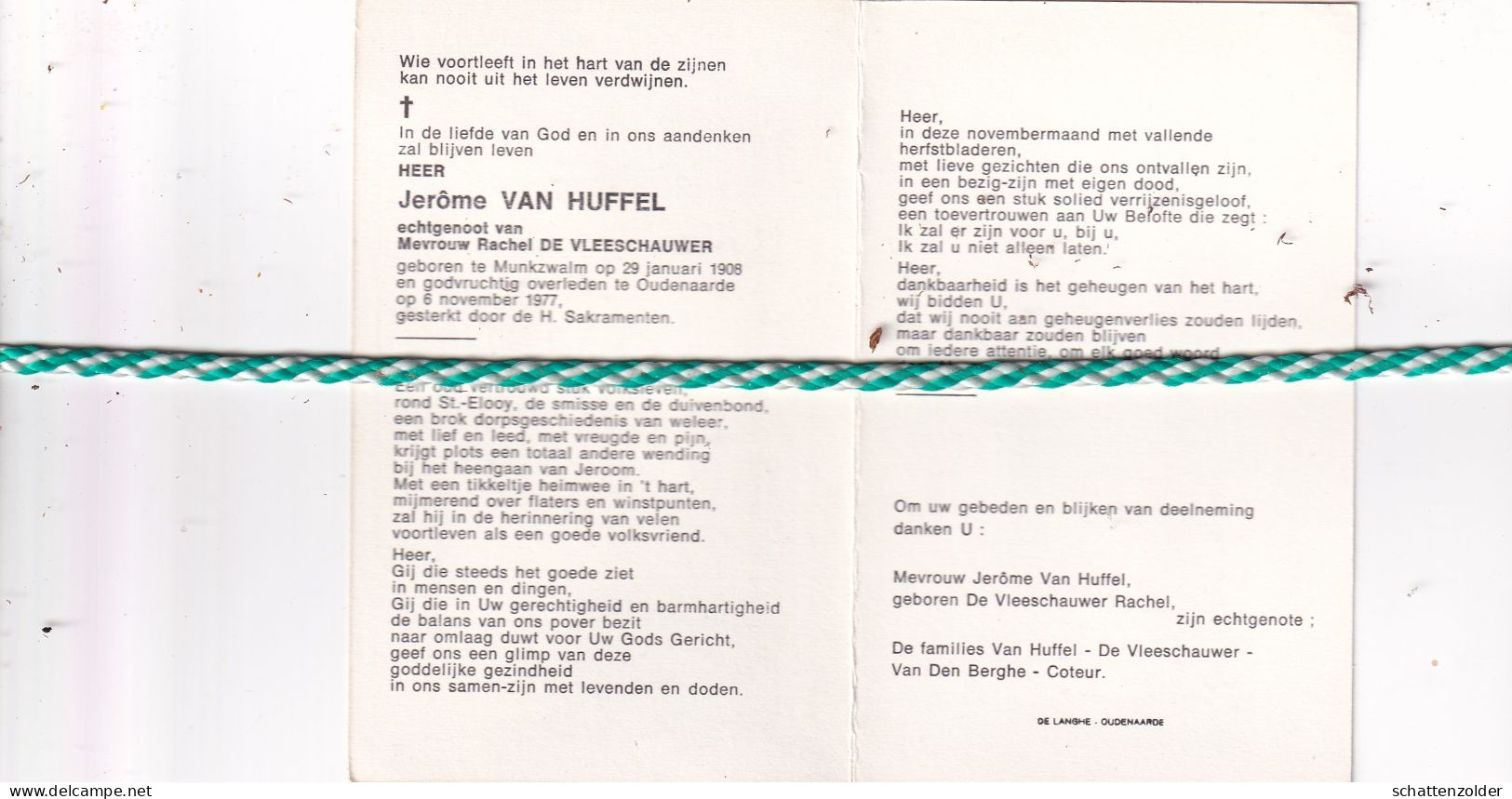 Jerôme Van Huffel-De Vleeschauwer, Munkzwalm 1908, Oudenaarde 1977 - Overlijden