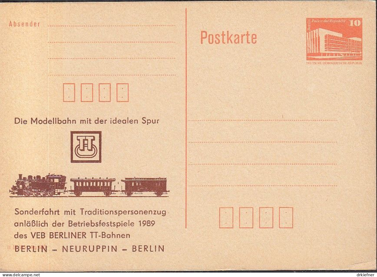 DDR PP 19 II, Ungebraucht, Sonderfahrt Berlin-Neuruppin, Des VEB Berliner TT-Bahnen, 1989 - Privatpostkarten - Ungebraucht