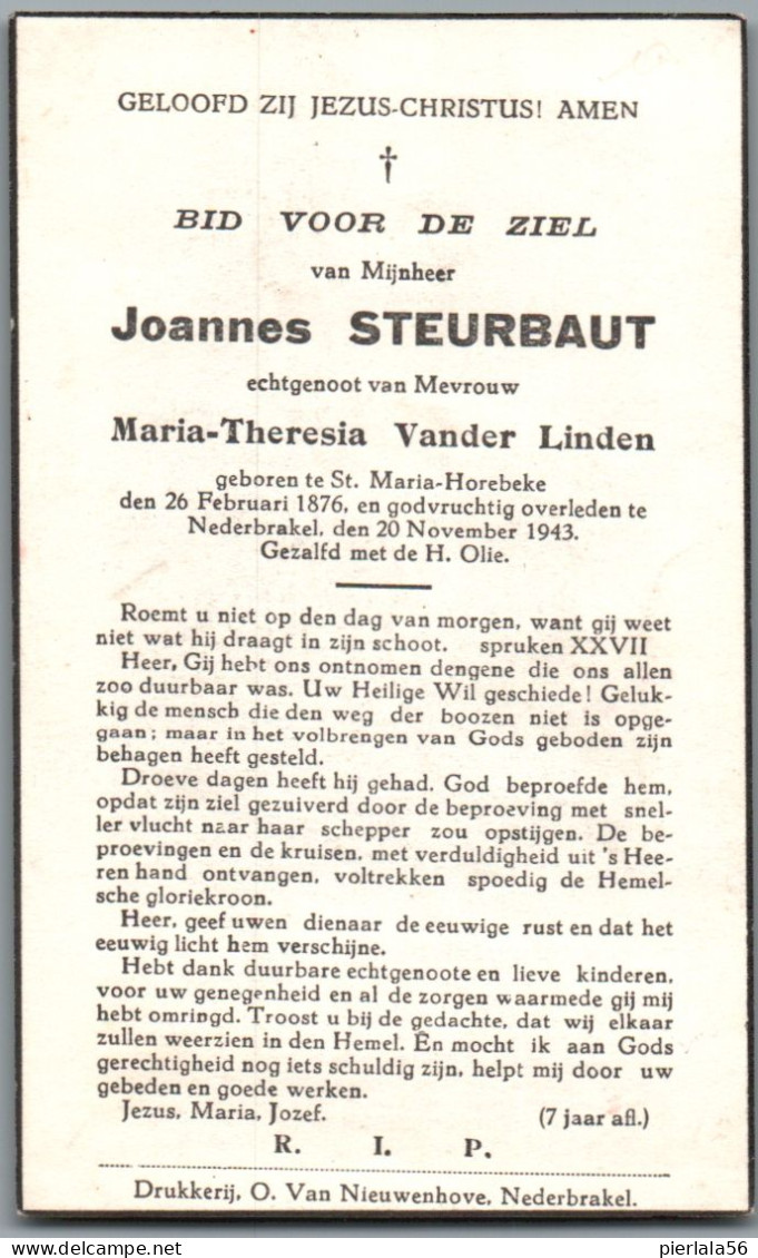 Bidprentje St-Maria-Horebeke - Steurbaut Joannes (1876-1943) - Images Religieuses