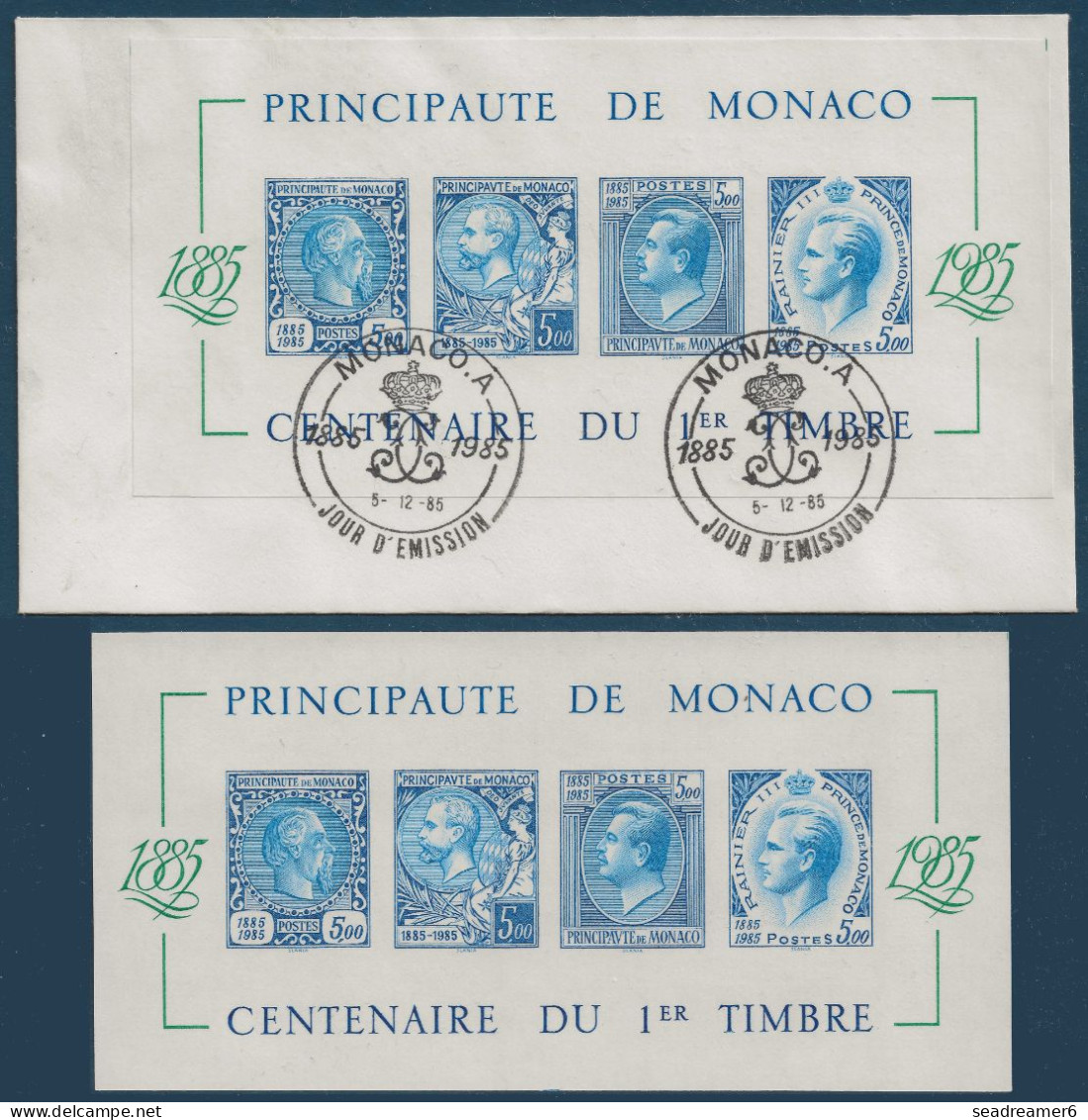 MONACO 1985 2 Blocs Feuillets Centenaire Du 1er Timbre De MONACO N°33A** Non Dentelé + 1 Sur Enveloppe, Obl 1er Jour ! - Blokken