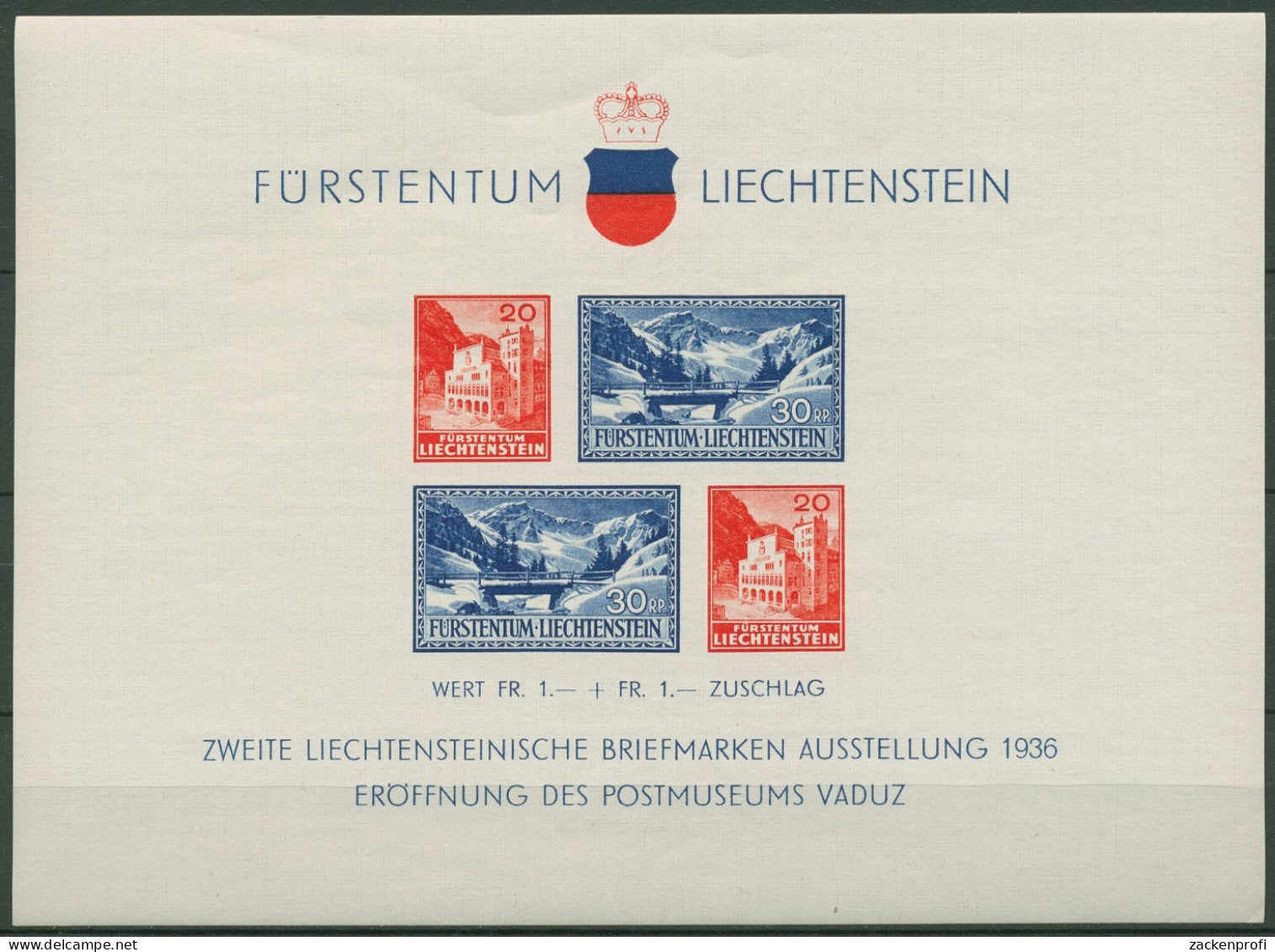Liechtenstein 1936 Postmuseum Vaduz Block 2 Postfrisch (C92879) - Blocks & Kleinbögen
