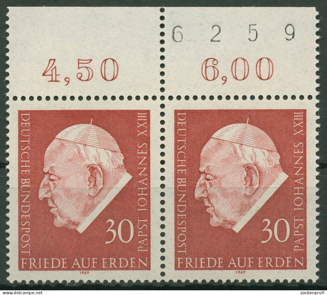 Bund 1969 Papst Johannes XXIII Paar Mit Bogennummer 609 Bg.-Nr. Postfrisch - Ongebruikt