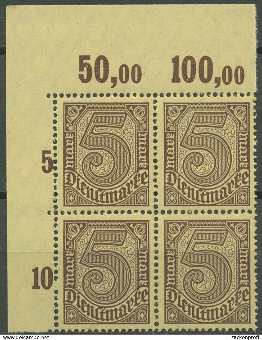 Dt. Reich Dienst 1920 Platte Oberrand D 33 A P OR 4er-Block Ecke 1 Postfrisch - Dienstzegels