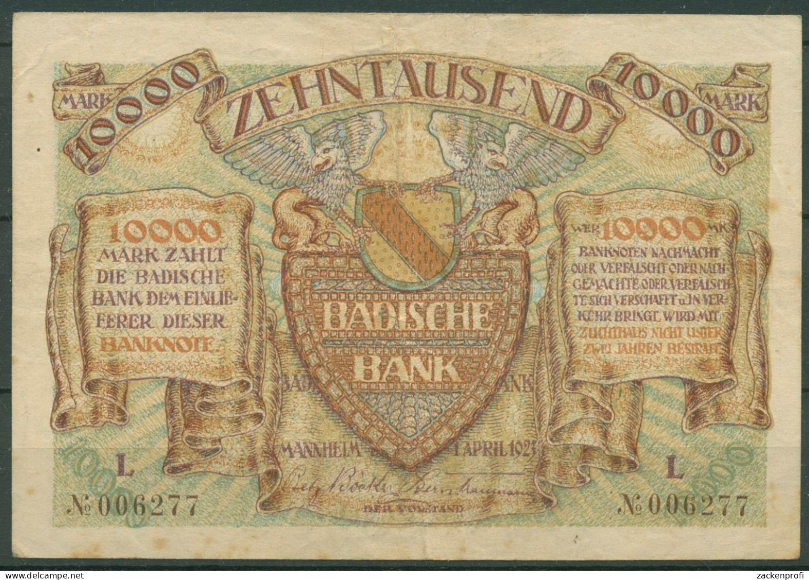 Badische Bank 10000 Mark 1923 Serie L, BAD-9b Gebraucht (K1578) - Sonstige & Ohne Zuordnung