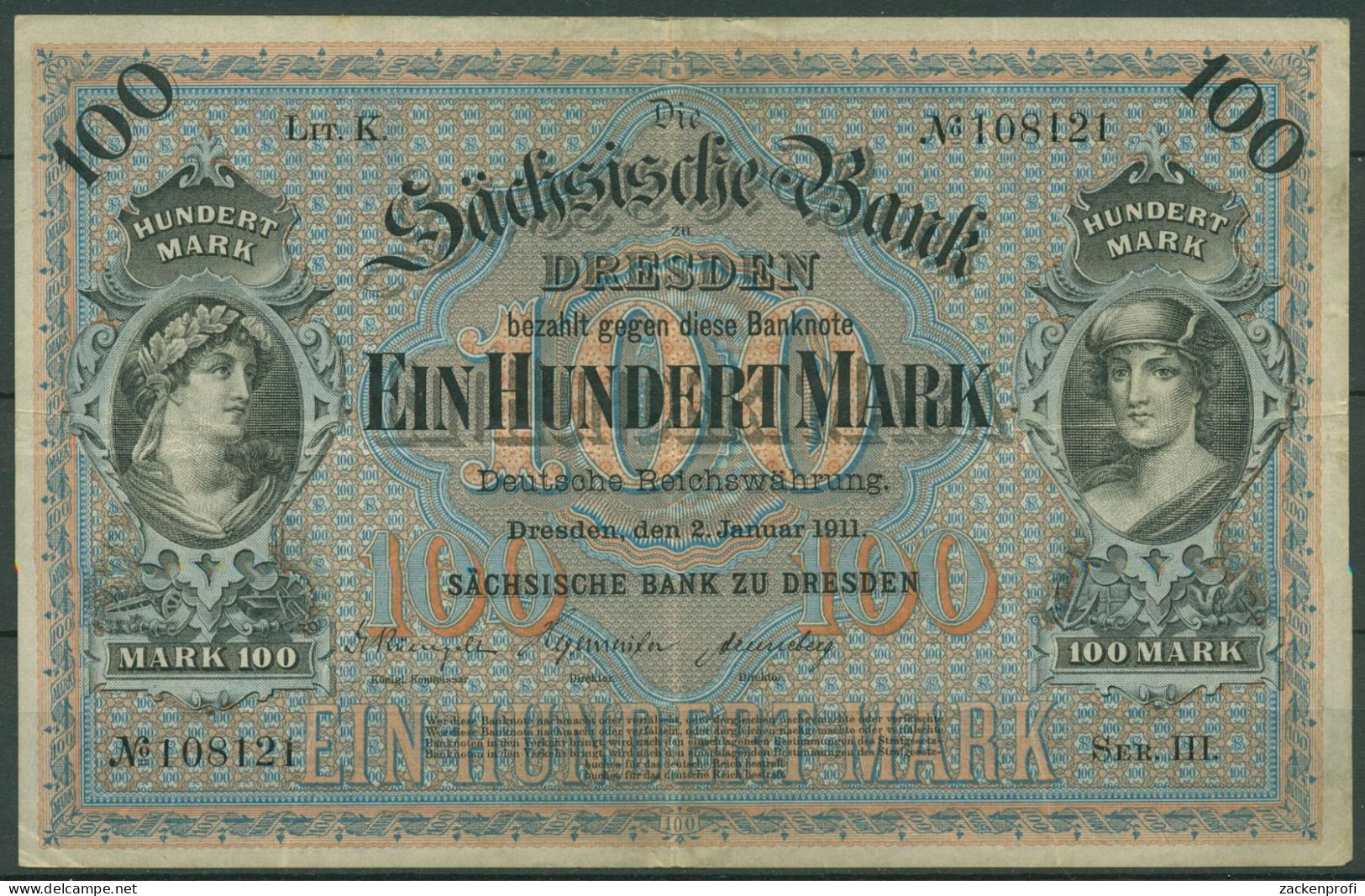 Sächsische Bank Zu Dresden 100 Mark 1911 Serie III, SAX-8a Gebraucht (K1581) - Andere & Zonder Classificatie