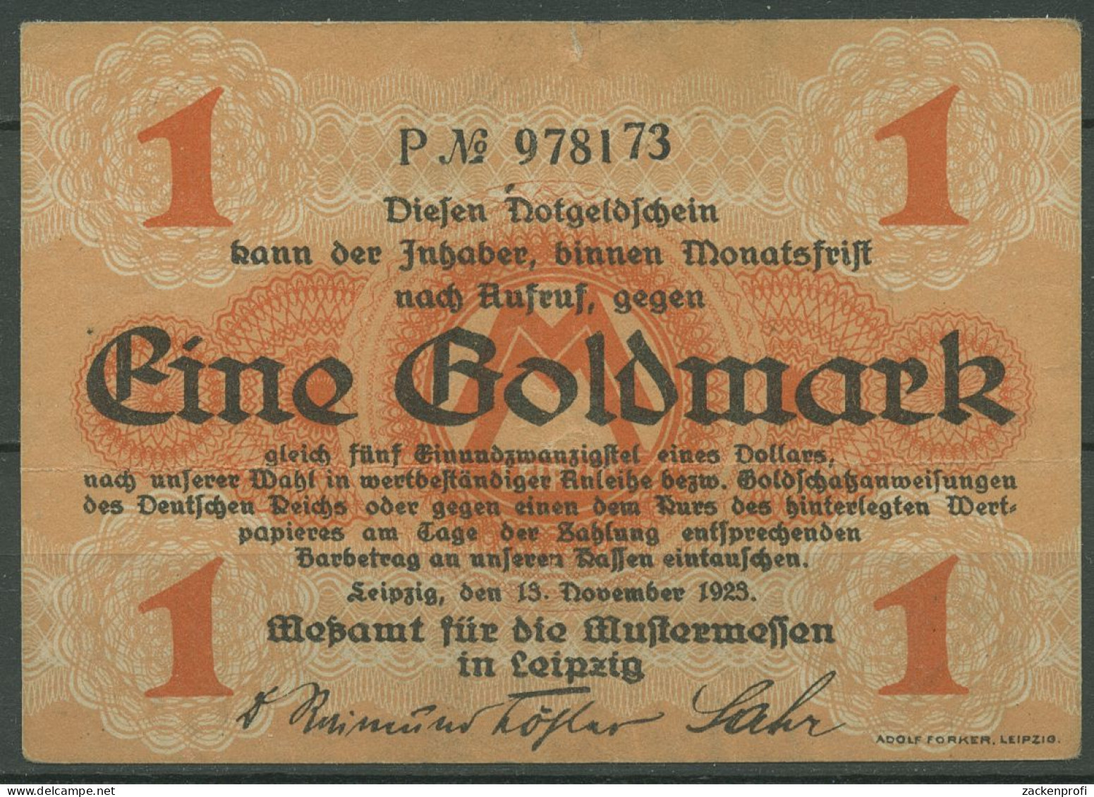 Leipzig Meßamt Für Die Mustermessen 1 Goldmark 1923, Gebraucht (K1589) - Otros & Sin Clasificación