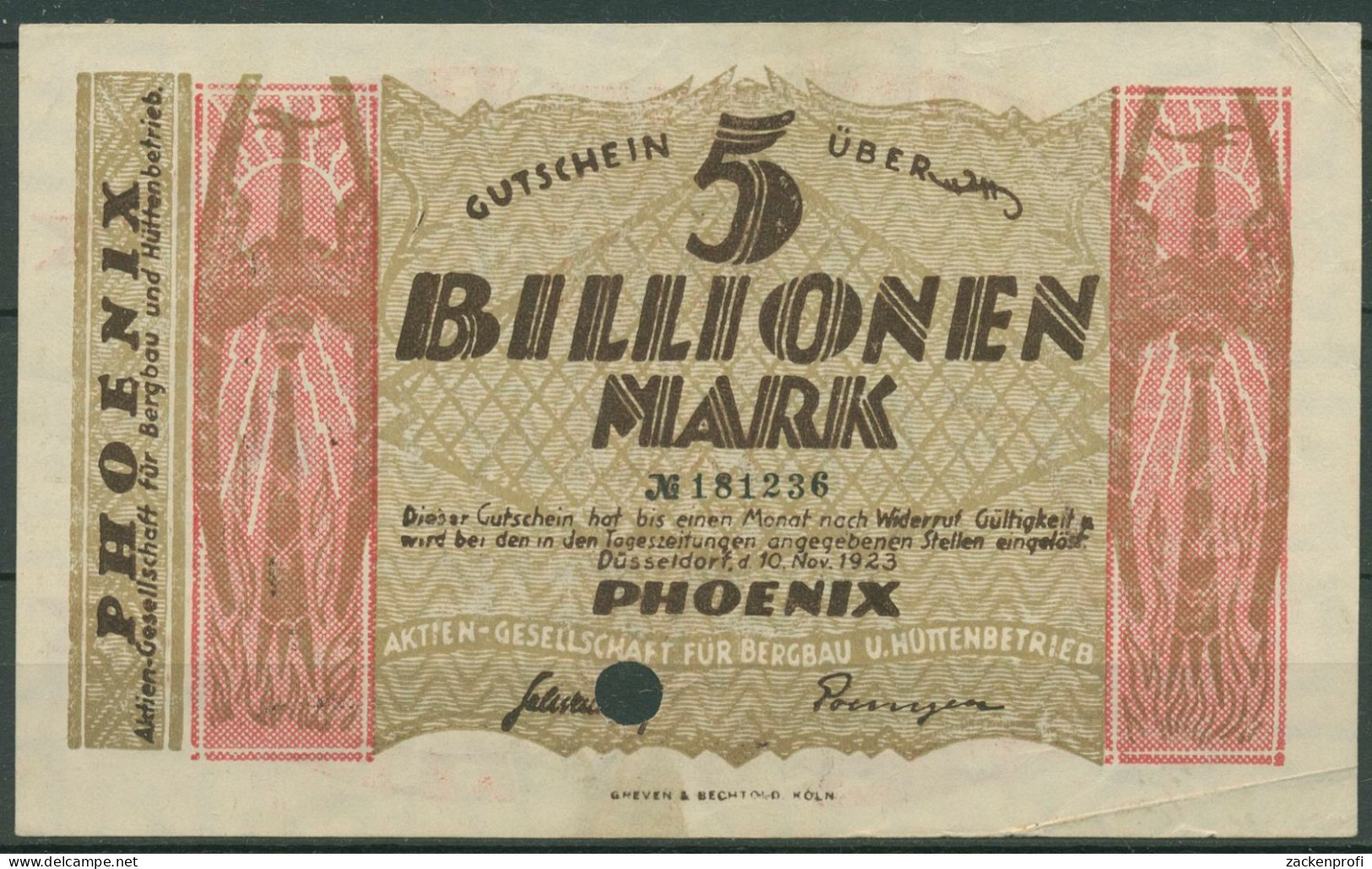 Düsseldorf Phoenix-AG 5 Billionen Mark 1923, Keller 1170 Gg, Gebraucht (K1622) - Sonstige & Ohne Zuordnung