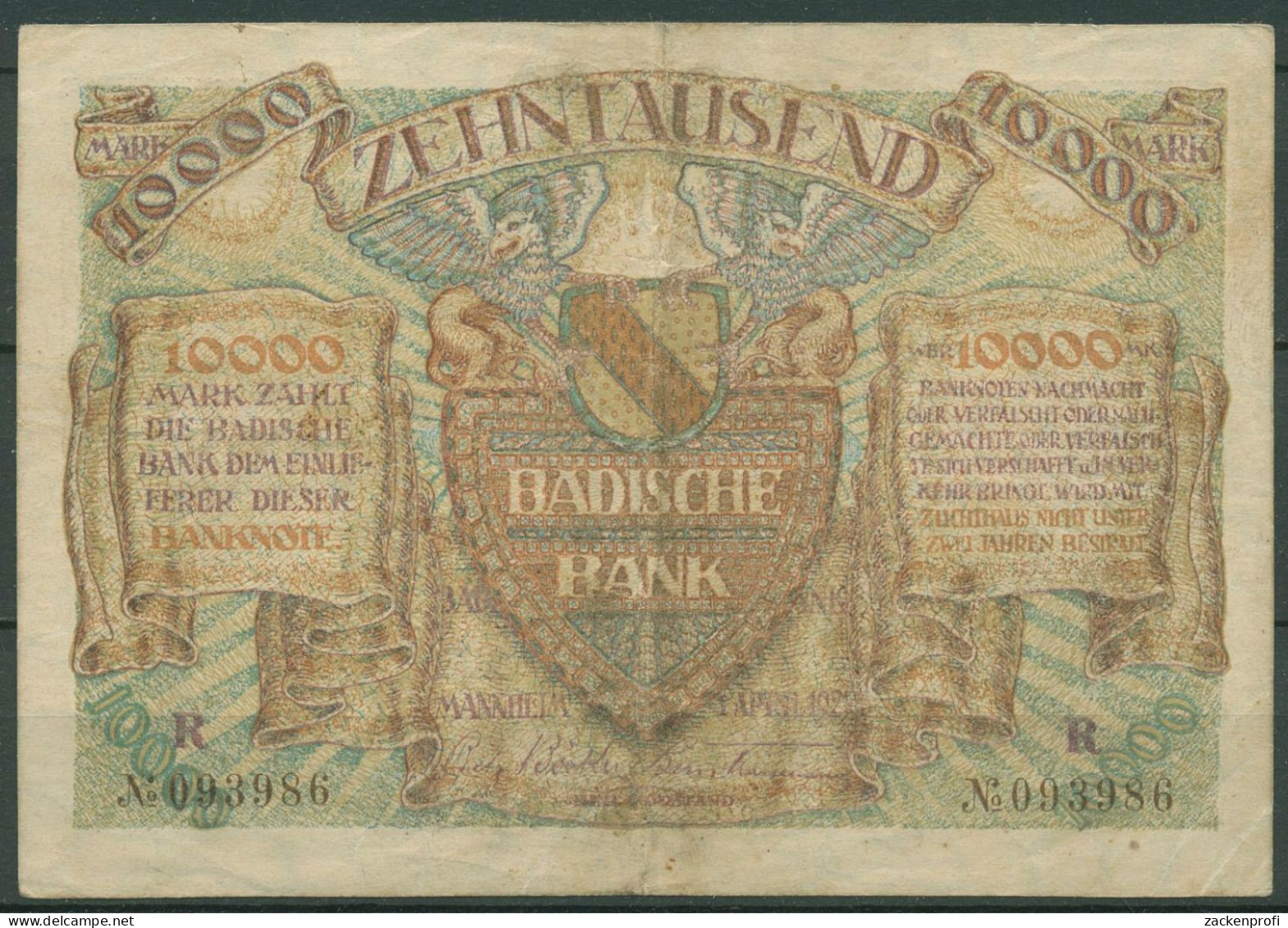 Badische Bank 10000 Mark 1923 Serie R, BAD-9b Gebraucht (K1579) - Sonstige & Ohne Zuordnung