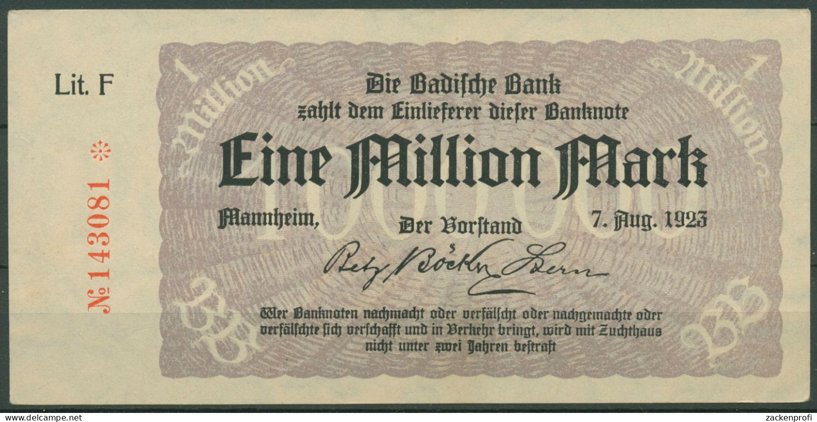 Badische Bank 1 Million Mark 1923 Lit. F, BAD-11b. Leicht Gebraucht (K1576) - Autres & Non Classés