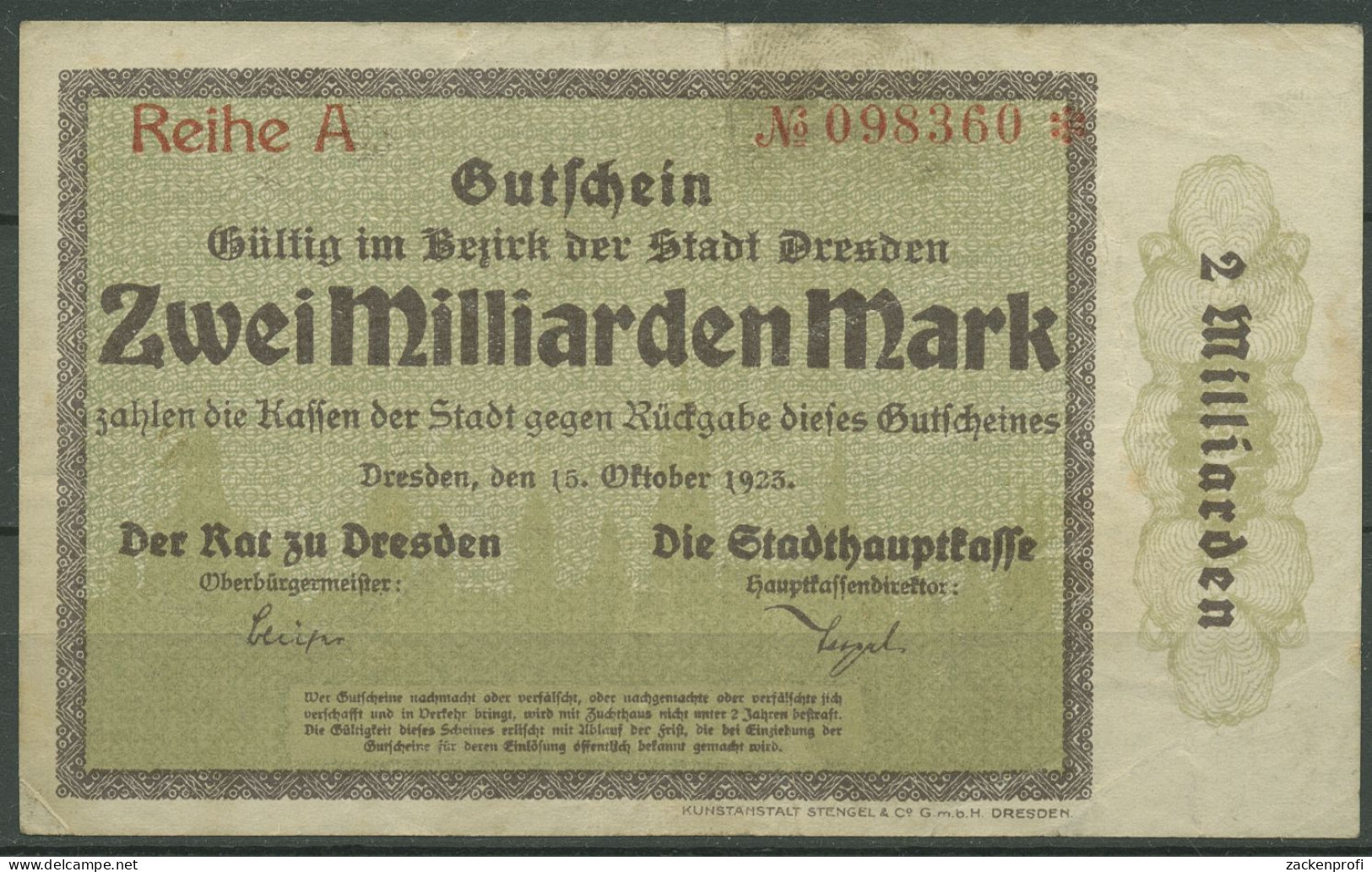Dresden Stadt 2 Milliarden Mark 1923, Keller 1072 F, Gebraucht (K1595) - Autres & Non Classés