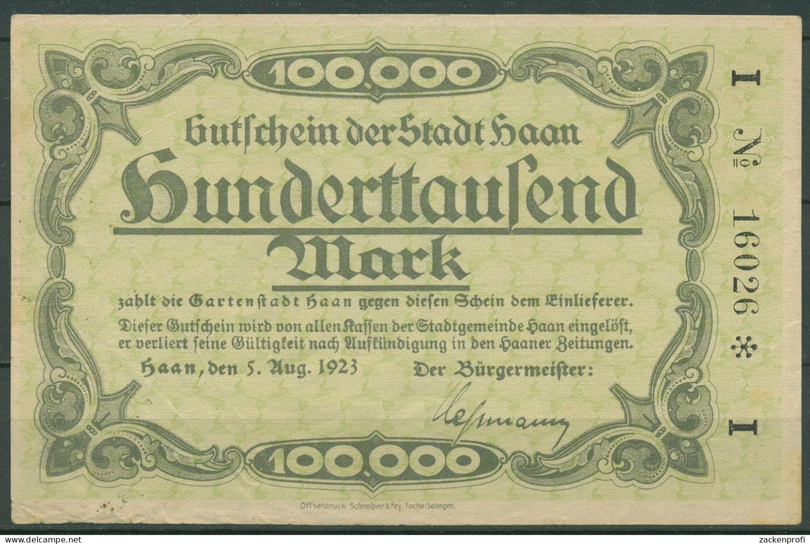Haan Stadt 100000 Mark 1923, Keller 2031 D, Gebraucht (K1599) - Andere & Zonder Classificatie