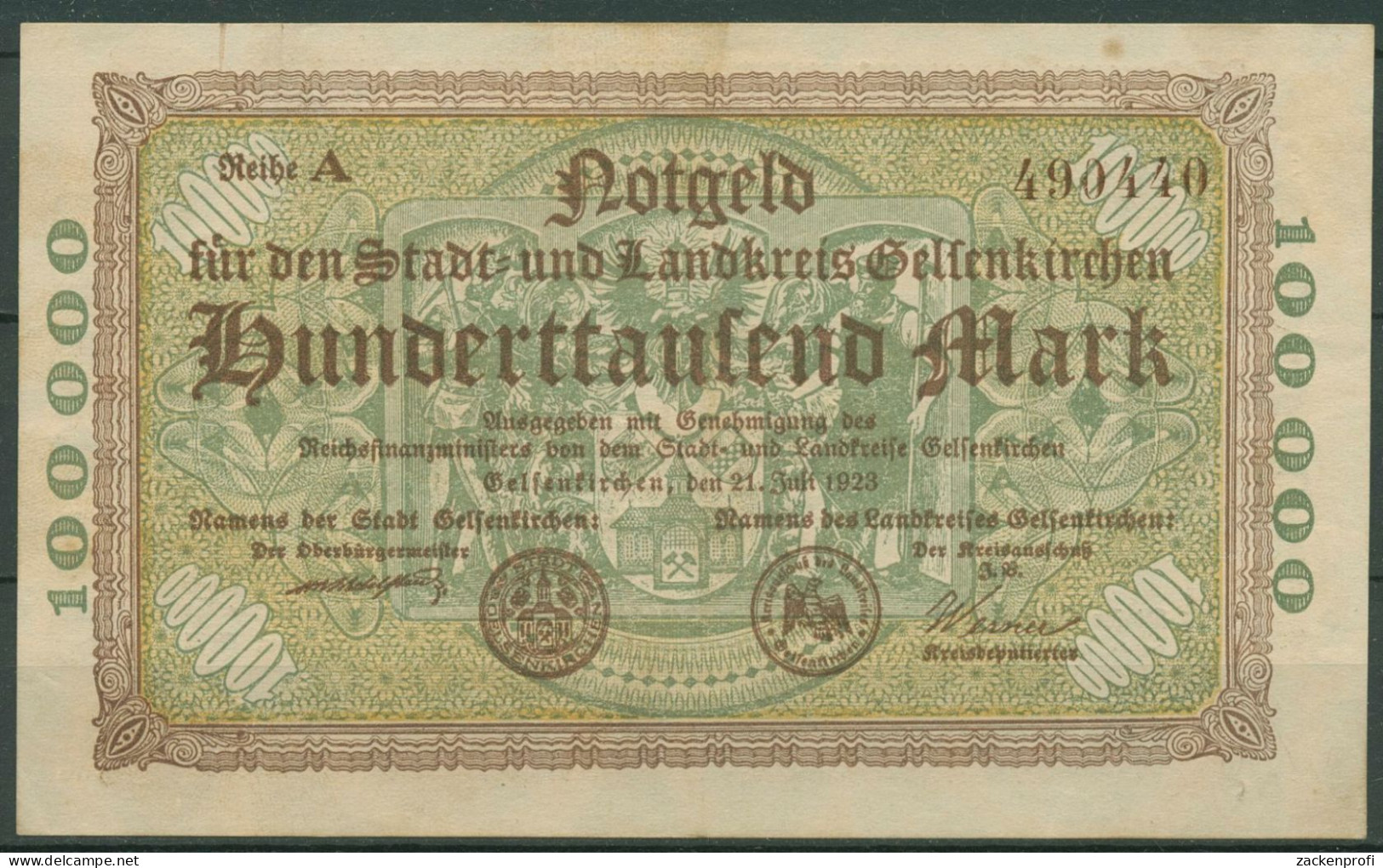 Gelsenkirchen 100000 Mark 1923, KN Braun, Keller 1710 A, Gebraucht (K1606) - Sonstige & Ohne Zuordnung