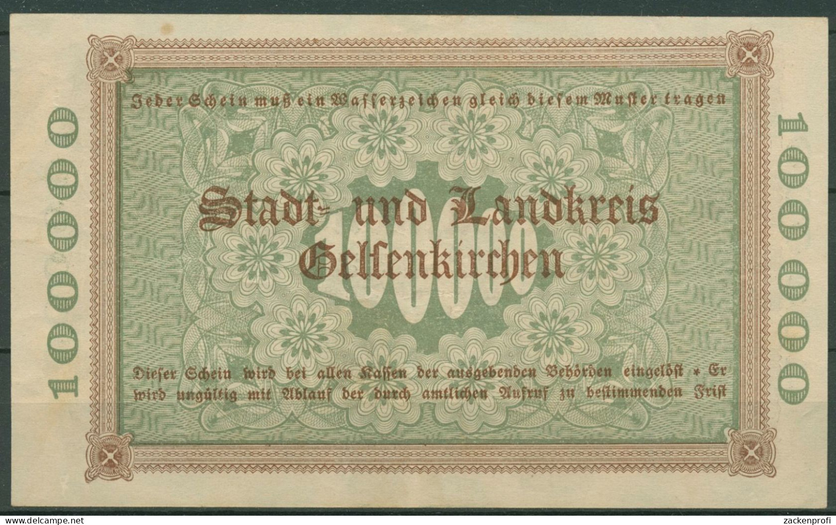 Gelsenkirchen 100000 Mark 1923, KN Braun, Keller 1710 A, Gebraucht (K1606) - Autres & Non Classés