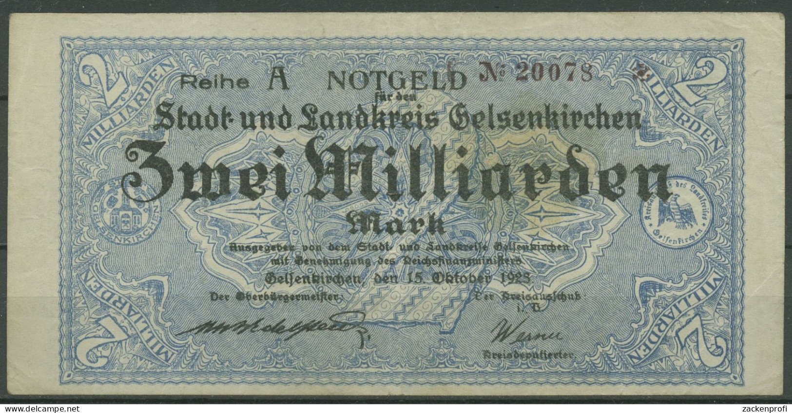 Gelsenkirchen 2 Mrd. Mark 1923, Keller 1710 Ll KN Klein, Gebraucht (K1613) - Sonstige & Ohne Zuordnung