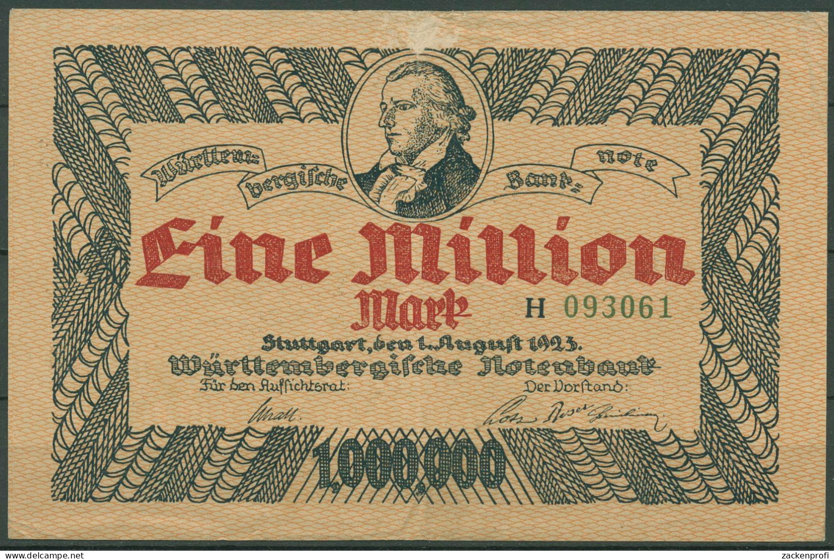 Württembergische Notenbank 1 Mio Mark 1923 Schiller, WTB-18 Gebraucht (K1587) - Autres & Non Classés
