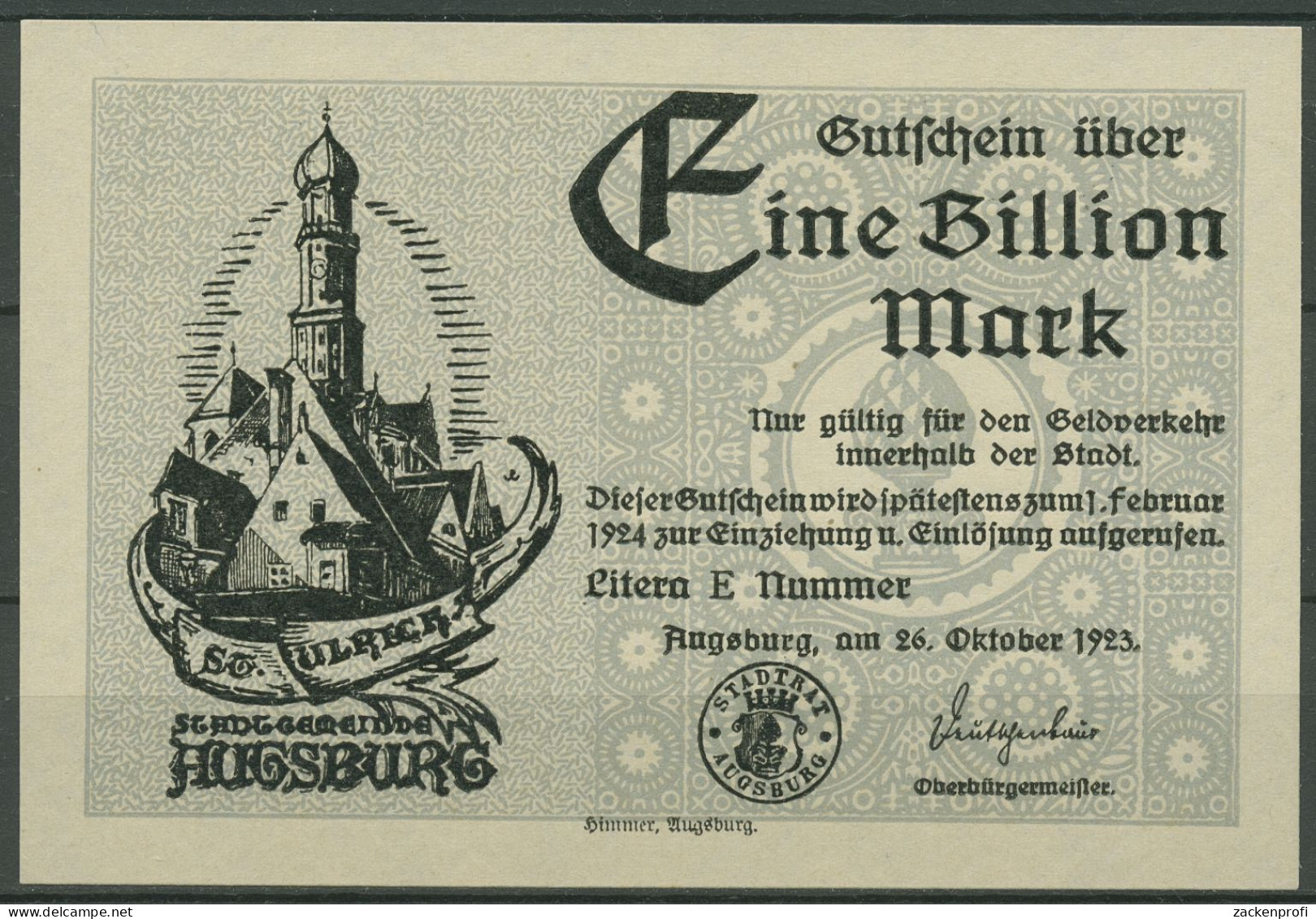 Augsburg 1 Billion Mark 1923, Keller 195 A, Kassenfrisch (K1627) - Otros & Sin Clasificación