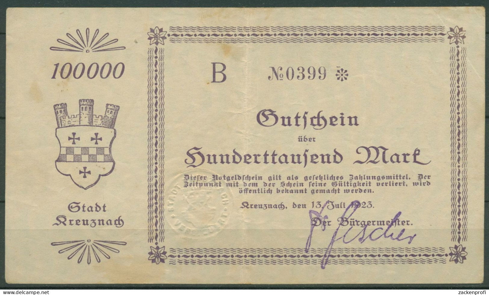 Kreuznach 100000 Mark 1923, Keller 2812 A, Gebraucht (K1620) - Andere & Zonder Classificatie