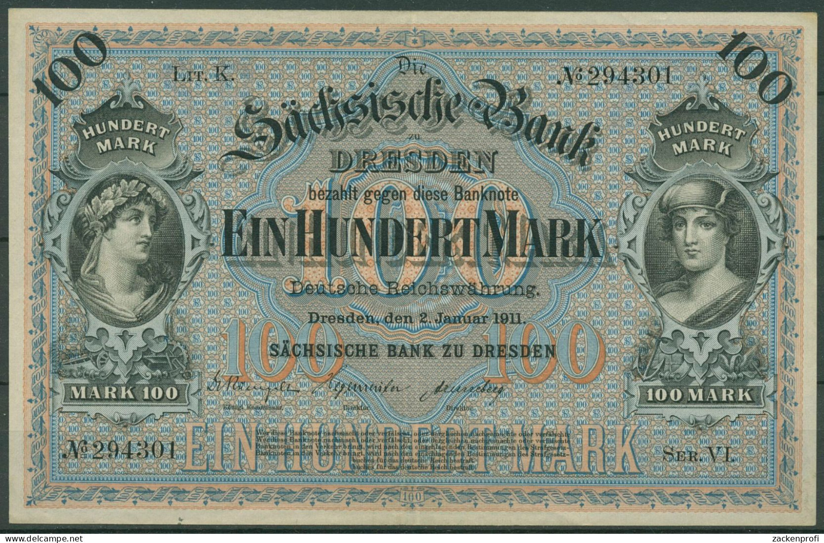 Sächsische Bank Dresden 100 Mark 1911 Serie VI, SAX-8a Leicht Gebraucht (K1583) - Sonstige & Ohne Zuordnung