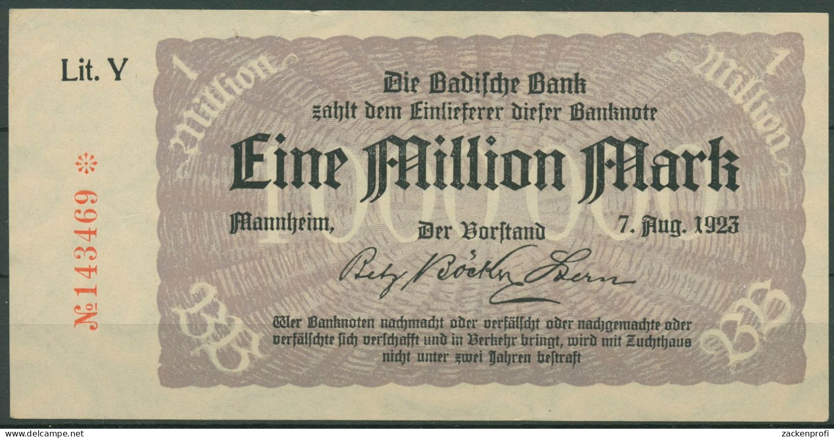 Badische Bank 1 Million Mark 1923 Lit. Y, BAD-11b. Leicht Gebraucht (K1577) - Otros & Sin Clasificación