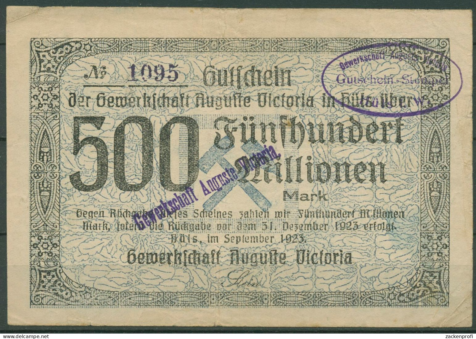 Marl Hüls Gewerkschaft Aug. Victoria 500 Mio Mark 1923, Keller 2466 L (K1618) - Sonstige & Ohne Zuordnung