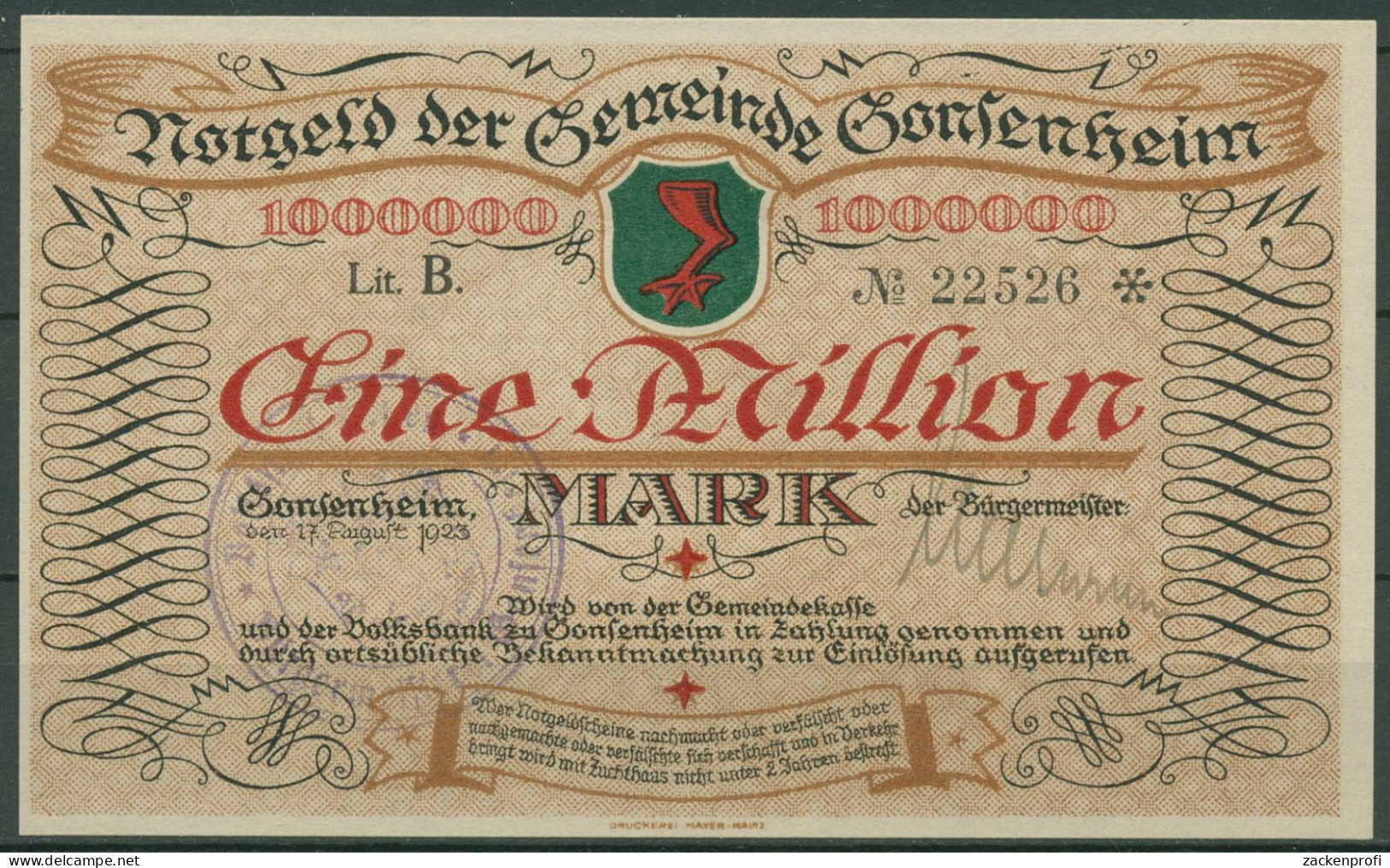 Gonsenheim 1 Million Mark 1923, Keller 1850, Kassenfrisch (K1631) - Andere & Zonder Classificatie