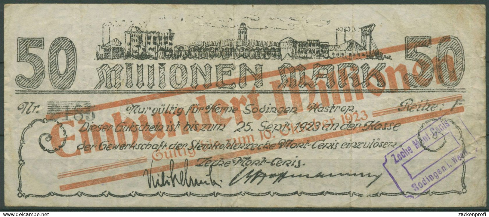 Sodingen Zeche Mont-Cenis 100 Mio Mark 1923, Keller 4803 K, Gebraucht (K1617) - Otros & Sin Clasificación