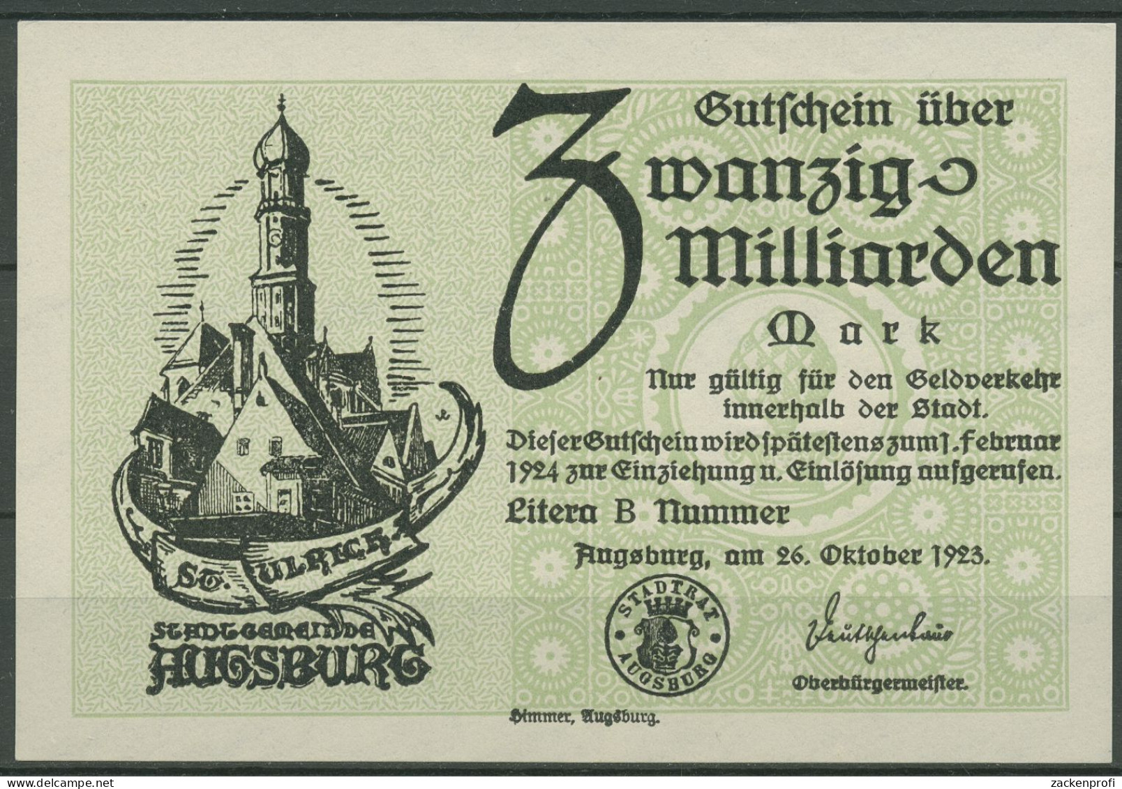 Augsburg 20 Milliarden Mark 1923, Keller 195 A, Kassenfrisch (K1625) - Andere & Zonder Classificatie