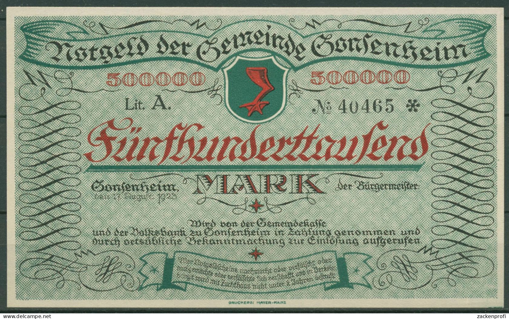 Gonsenheim 500000 Mark 1923, Keller 1850, Kassenfrisch (K1629) - Andere & Zonder Classificatie