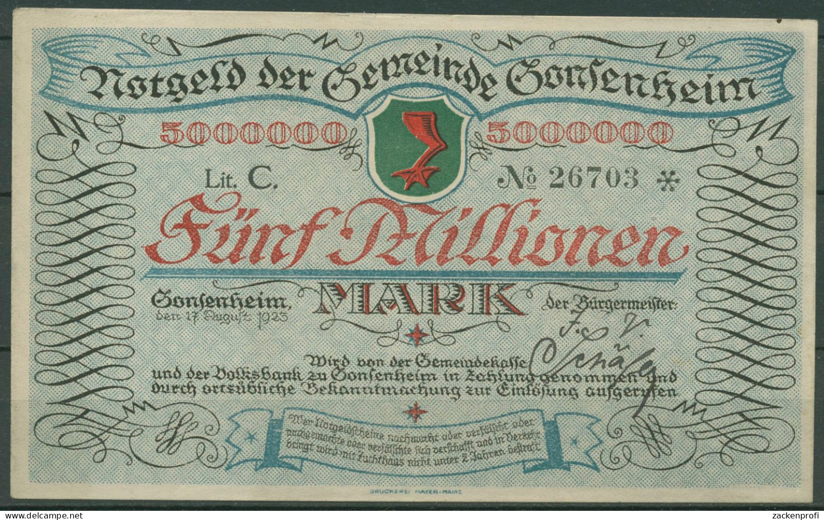 Gonsenheim 5 Millionen Mark 1923, Keller 1850, Fast Kassenfrisch (K1632) - Other & Unclassified