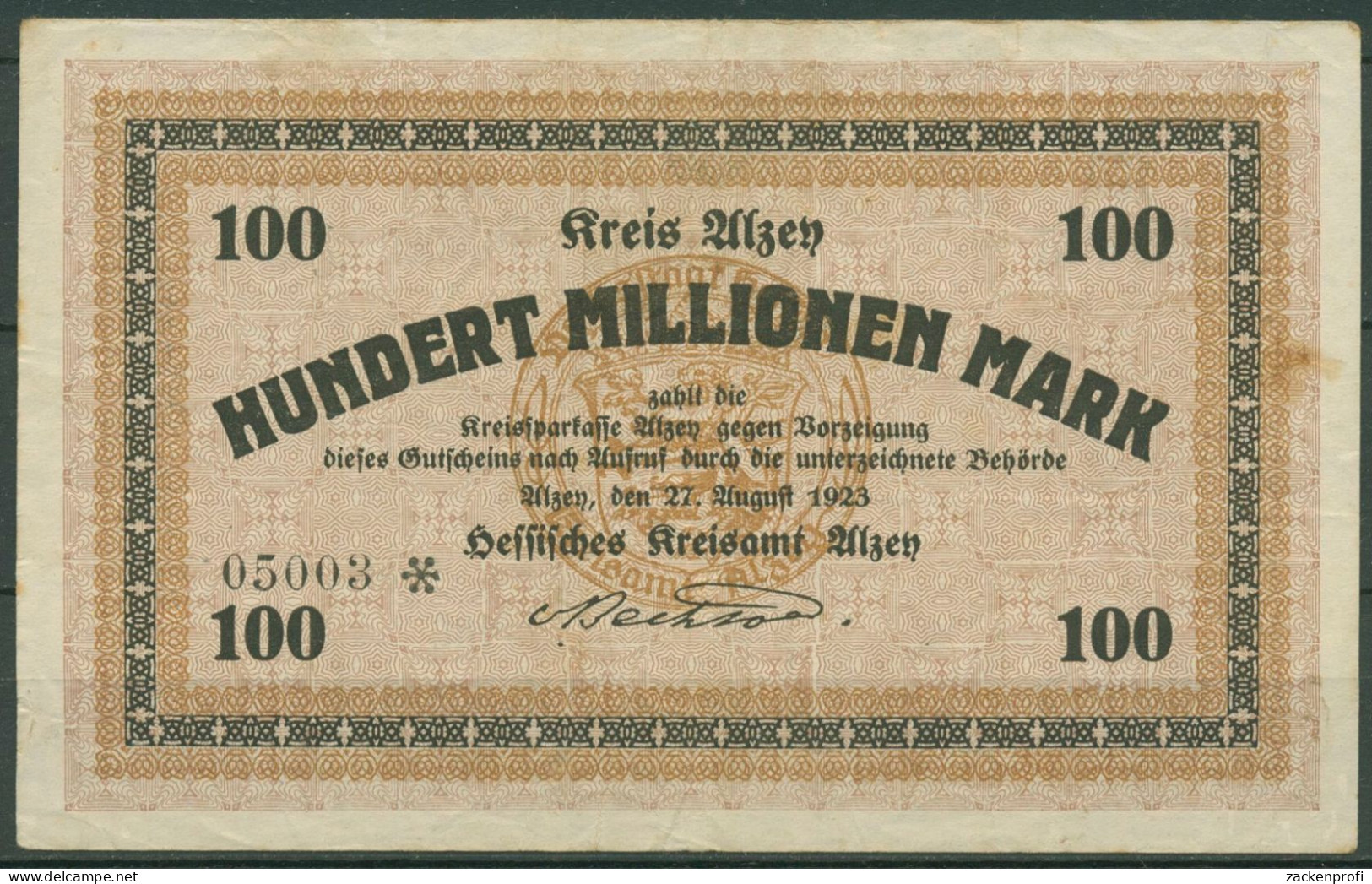 Alzey 100 Millionen Mark 1923, Keller 87 G, Gebraucht (K1644) - Otros & Sin Clasificación