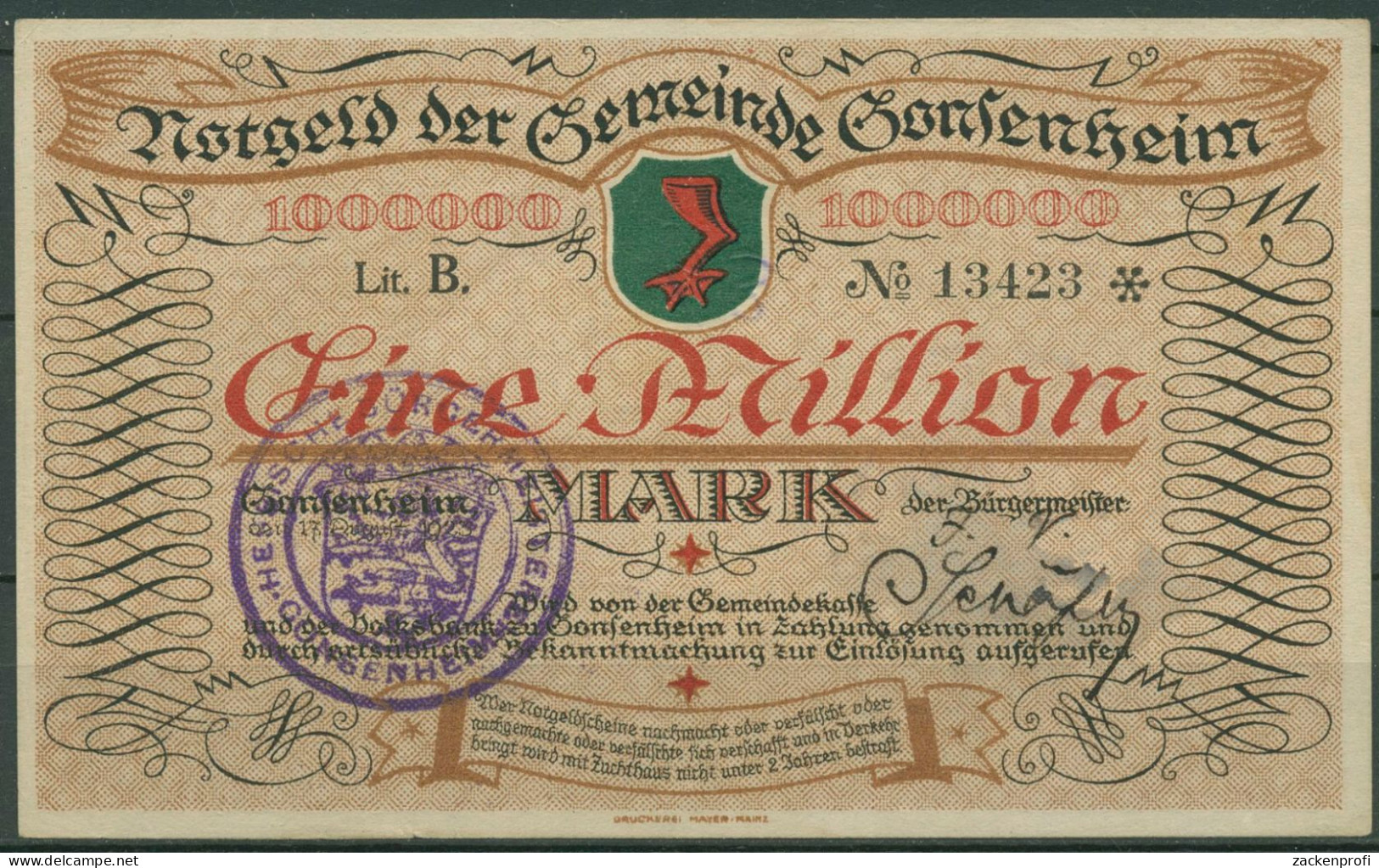 Gonsenheim 1 Million Mark 1923, Keller 1850, Fast Kassenfrisch (K1630) - Sonstige & Ohne Zuordnung