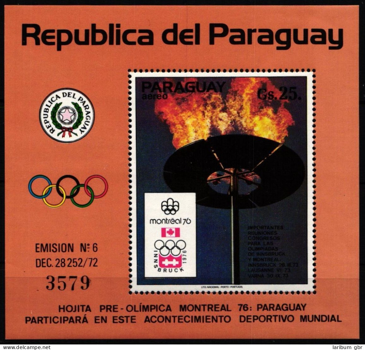Paraguay Block 221 Postfrisch Olympisches Feuer #ND182 - Paraguay