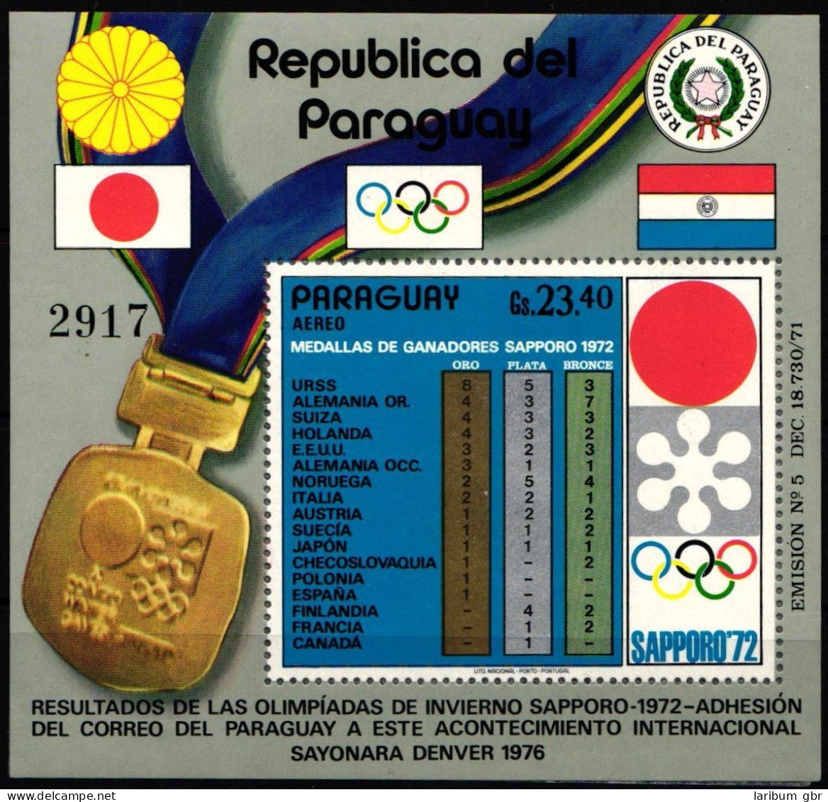Paraguay Block 192 Postfrisch Sapporo Medaillengewinner #ND283 - Paraguay