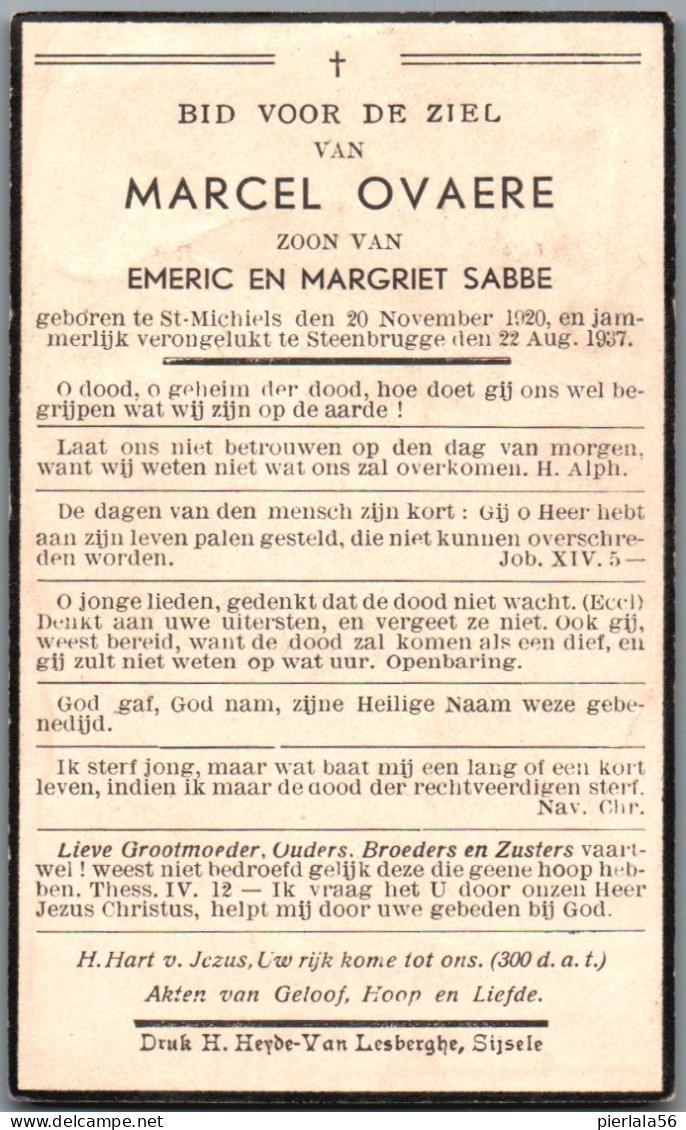 Bidprentje St-Michiels - Ovaere Marcel (1920-1937) Ongeval - Devotieprenten