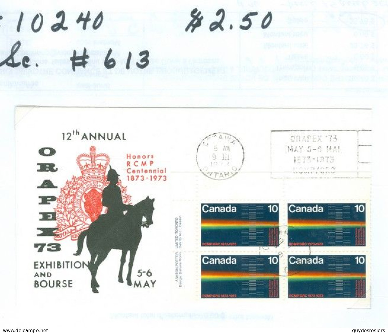 Mounted Police Montée; GRC / RCMP; Gendarmerie; Sc. # 613; Souvenir Cover, ORAPEX 73 (10240) - Oblitérés