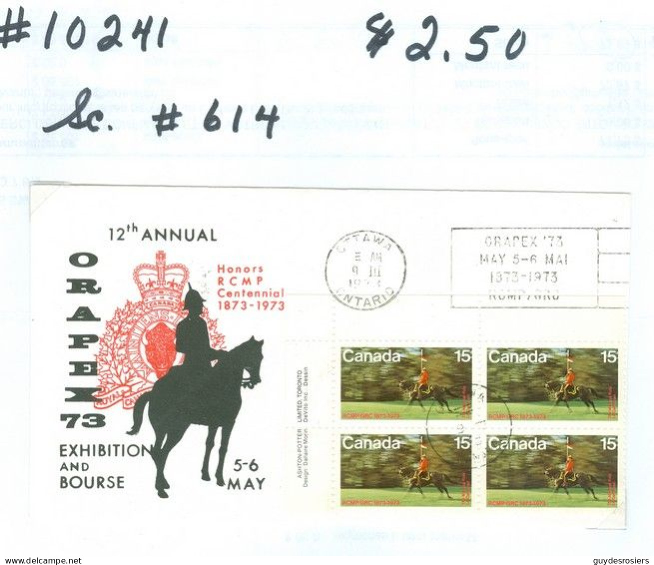 Mounted Police Montée; GRC / RCMP; Gendarmerie; Sc. # 614; Souvenir Cover, ORAPEX 73 (10241) - Used Stamps