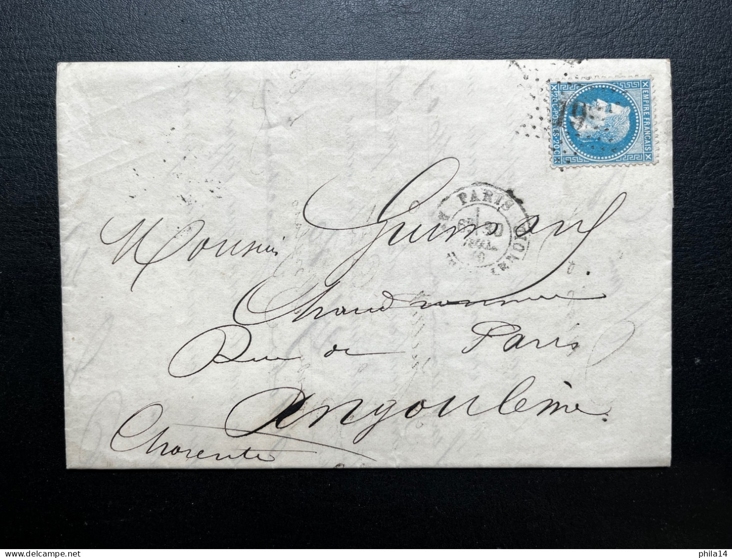 N°29 20c BLEU NAPOLEON SUR LETTRE / PARIS ETOILE 19 POUR ANGOULEME / 30 JUIL 1870 / LAC - 1849-1876: Periodo Classico