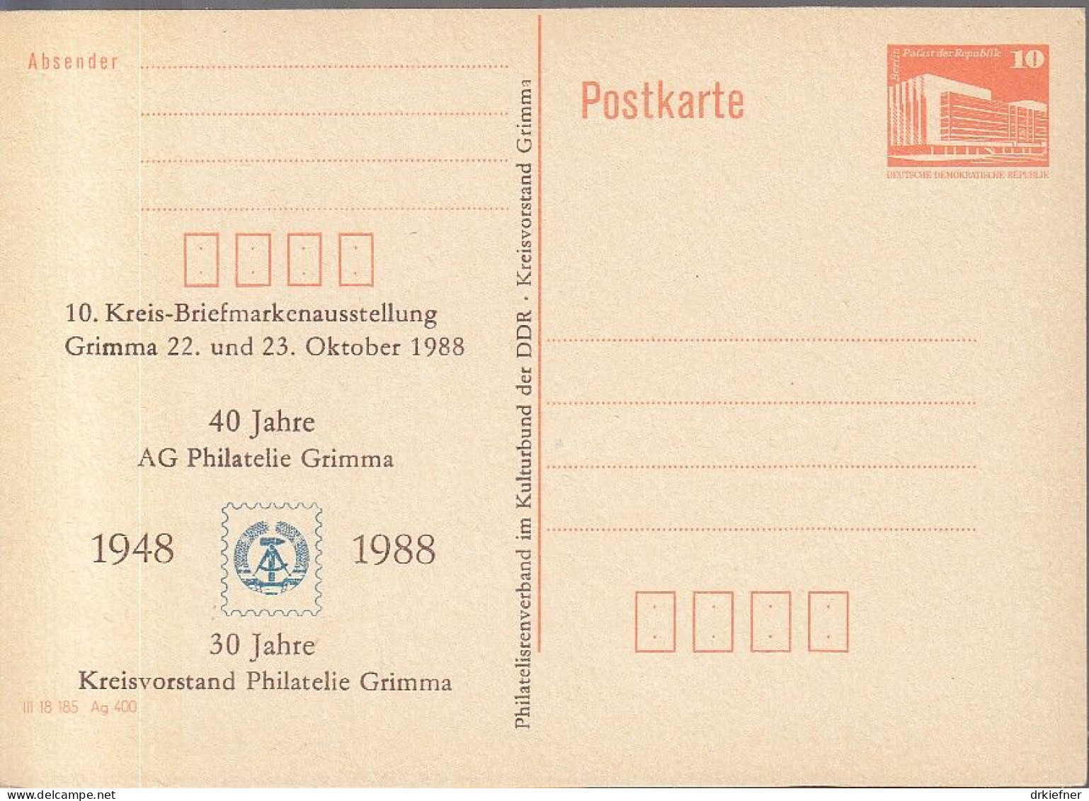 DDR PP 19 II, Ungebraucht, 40 Jahre Philatelie Grimma, 1988 - Privé Postkaarten - Ongebruikt