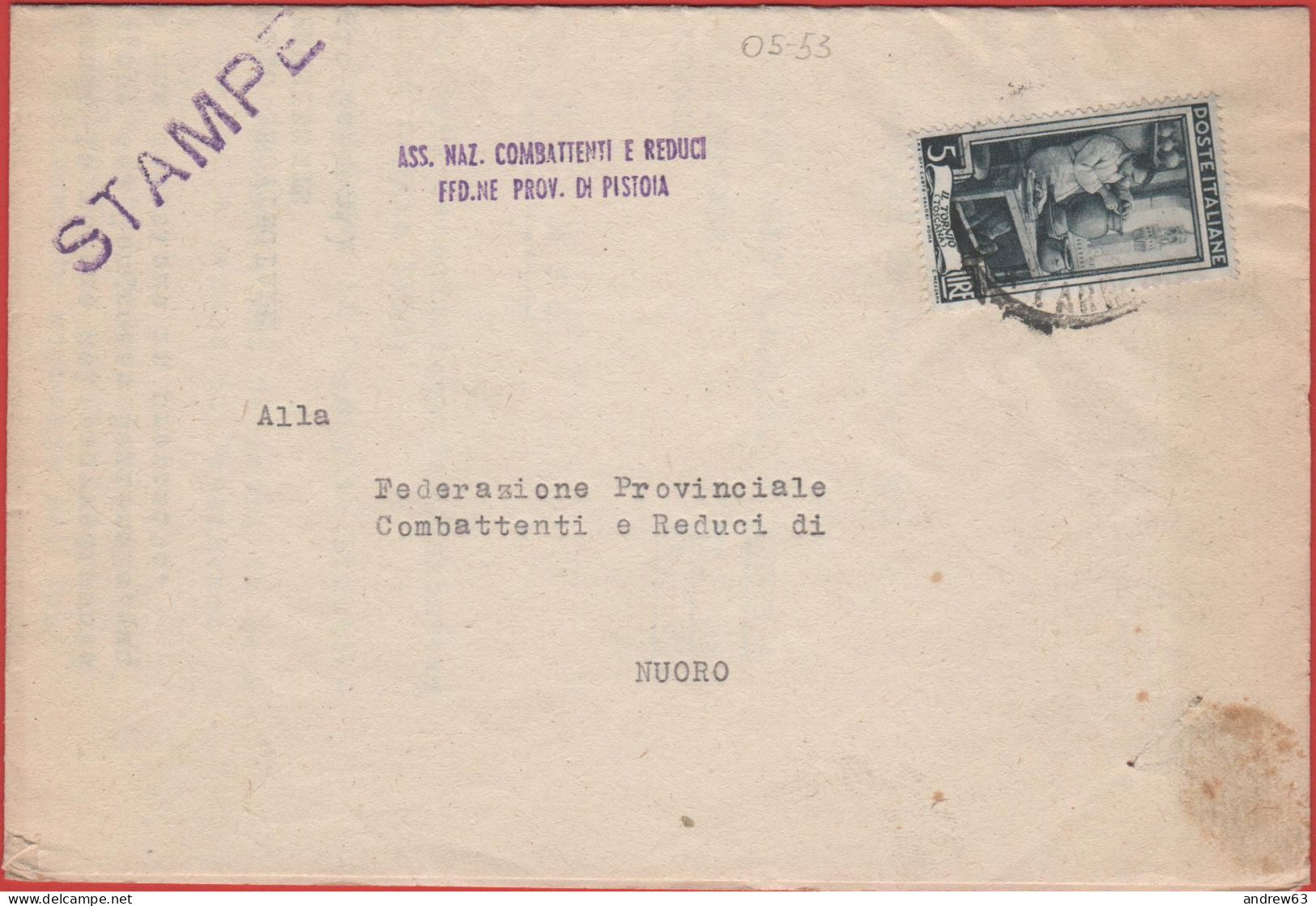 ITALIA - Storia Postale Repubblica - 1953 - 5 Italia Al Lavoro (Isolato) - Stampe - Ass. Naz. Combattenti E Reduci - Via - 1946-60: Marcophilie