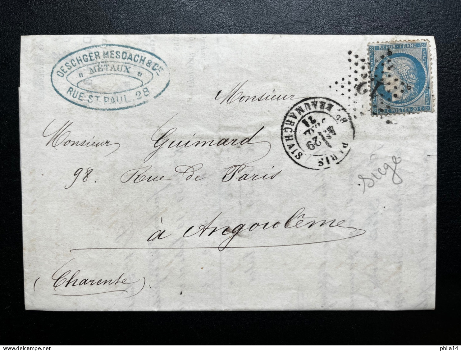 N°37 20c BLEU CERES SIEGE SUR LETTRE / PARIS ETOILE 12 POUR ANGOULEME / 29 JUIL 1871 / LAC - 1849-1876: Classic Period