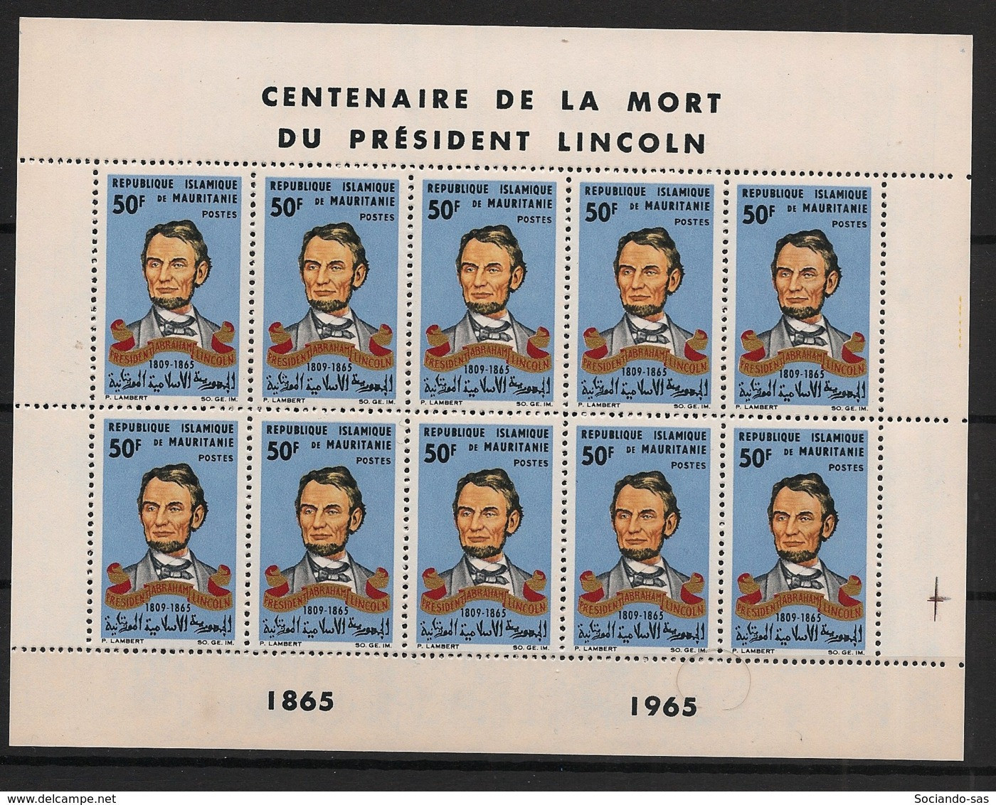 MAURITANIE - 1965 - N°YT. 191 - Lincoln - Feuille Complète - Neuf Luxe ** / MNH / Postfrisch - Mauritania (1960-...)