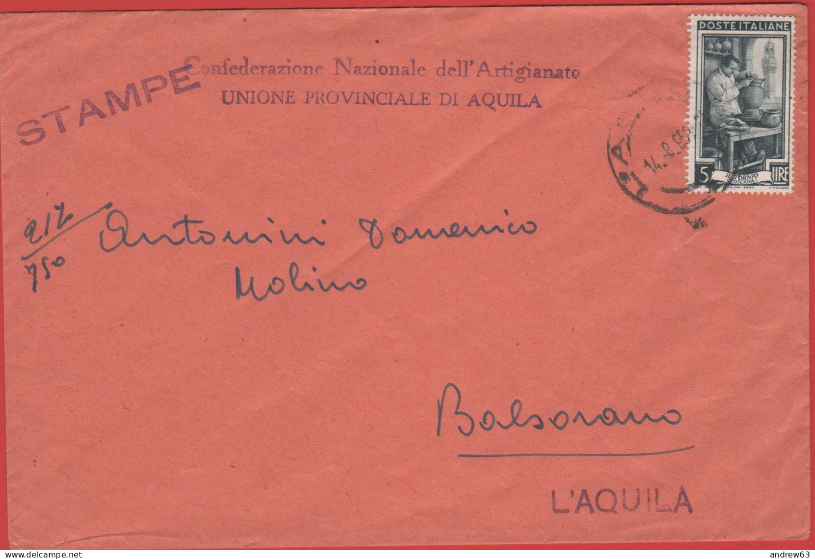 ITALIA - Storia Postale Repubblica - 1953 - 5 Italia Al Lavoro (Isolato) - Stampe - Confederazione Nazionale Dell'Artigi - 1946-60: Storia Postale